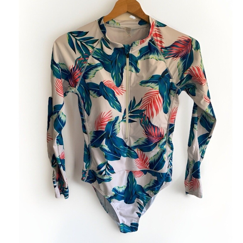 Funnygirl Rash Guard Swimsuit Medium Tropical Leaf Long Sleeve Half Zip Surf